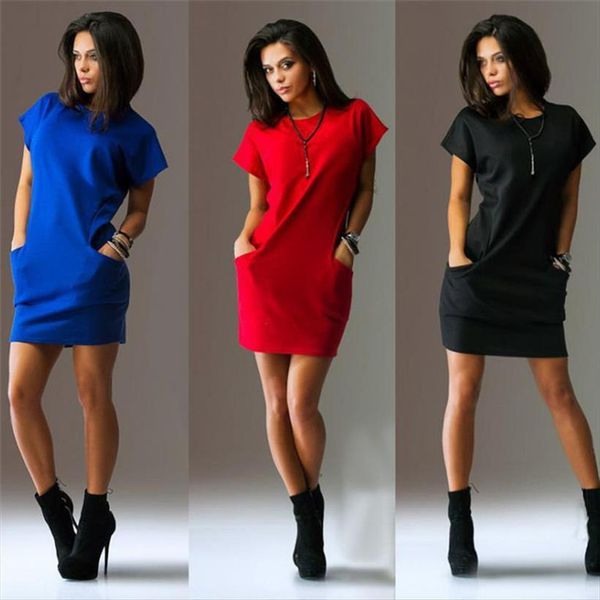

summer short sleeve women dresses o neck pocket loose casual office lady work, Black;gray