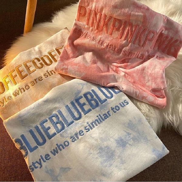 

women's t-shirt tie-dye t-shirts for women y2k embroidered letter lovers spring summer trendy loose tees female casual o-neck shirt, White