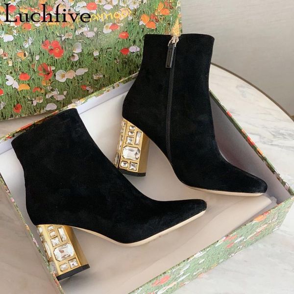

boots crystal chunky heels women's square toe shoes woman fashion suede ankle runway 2021 black botas feminina