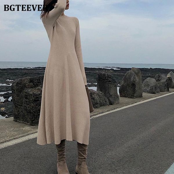 

casual dresses bgteever thick long sleeve women sweater dress chic o-neck a-line female knitted 2021 autumn winter knitting vestidos, Black;gray