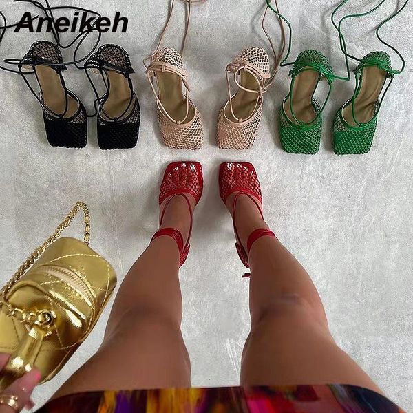 

sandals aneikeh fashion sandy beach mesh hollow summer women travel cross-tied thin heels high shoes 2021 zapatillas mujer, Black