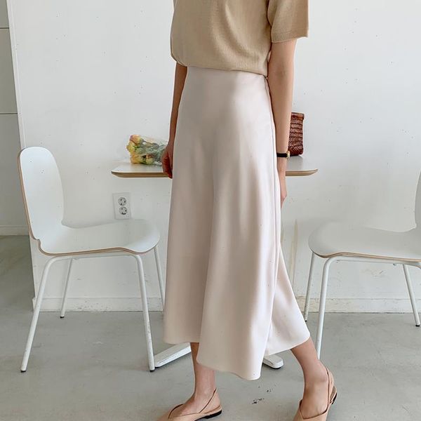 

korean casual skirts women silk skirt women elegant satin long skirts office lady high waist bodycon skirt faldas mujer moda, Black