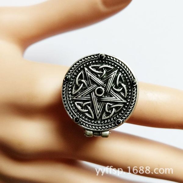

cluster rings british gothic punk steam five-star magnet treasure box black gem ancient silver color ring, Golden;silver
