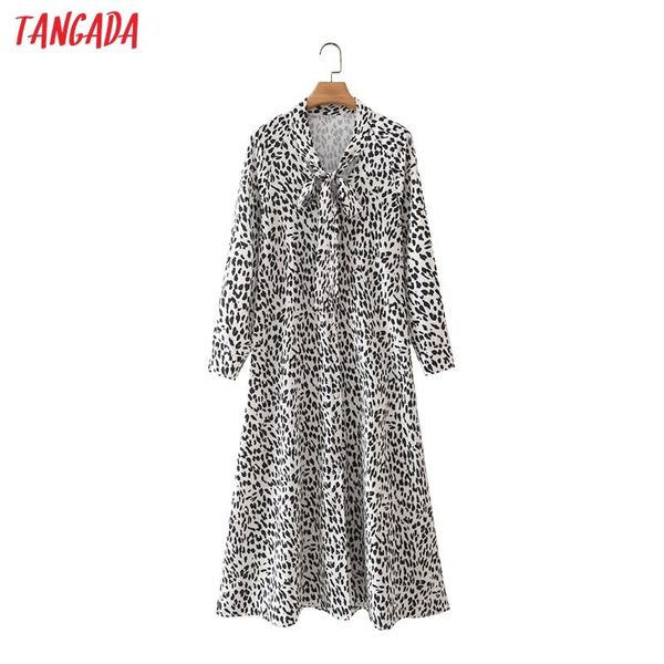 

casual dresses tangada 2021 fashion women leopard print midi dress bow neck long sleeve office ladies vintage 5x31, Black;gray