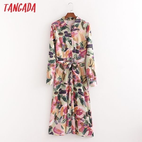 

tangada 2021 spring fashion vintage women print shirt dress long sleeve office ladies midi dress with slash 1d81 210316, Black;gray