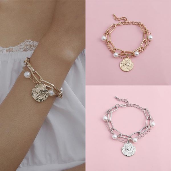

link, chain punk simple solid color pearl metal coin portrait pendant bracelet bangle for women men girls teens 2021 trend arrival, Black