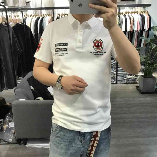 

american fashion men's short sleeve polo shirt embroidered label lapel t-shirt slim elastic fashion casual handsome ins, White;black