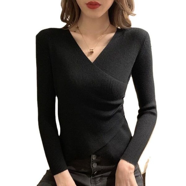

new korean spring autumn women black v-neck slim fit cross sweater pullovers long sleeve elastic knitted sweater jumpers, White;black