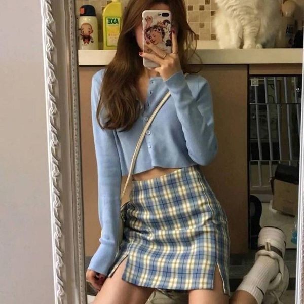 

skirts philosophy wonder 2021 split bodycon vintage plaid female mini casual street lady high waist pencil, Black