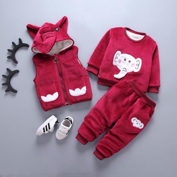 

clothing sets baby boy girl velvet warm clothes cartoon printing plus thick coat hooded set toddler costume 3 piece, White