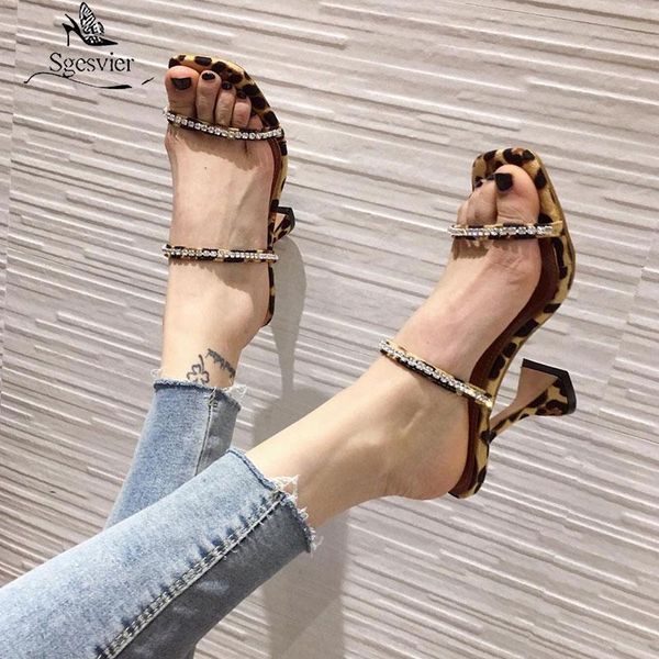 

slippers sgesvier 2021 fashion women rhinestone sandals strange cup heels leopard print square toe ladies dress shoes, Black