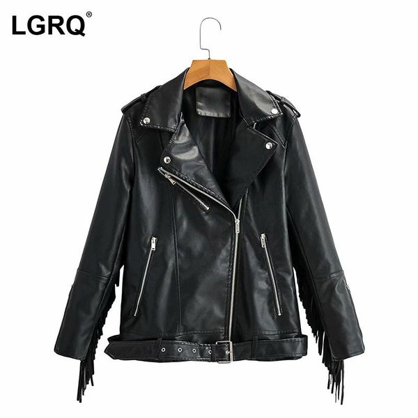 

women's leather & faux [lgqr] tassel western style pu leatherl jacket lapel long sleeve zipper coat fashion tide spring autumn 2021 19d, Black