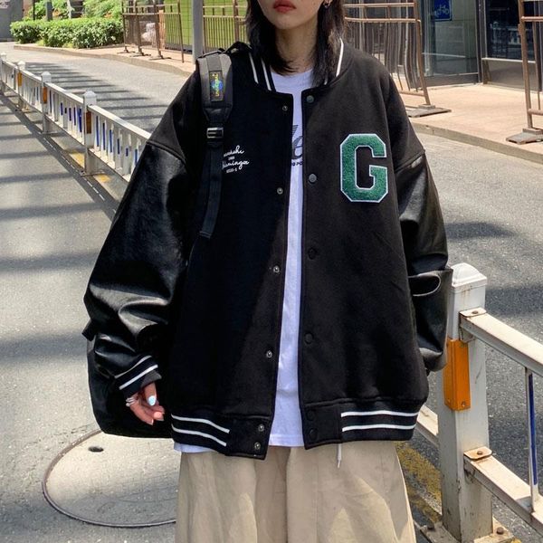 

women's jackets women leather baseball uniform jacket female round neck loose casual retro coat 2021 spring and autumn, Black;brown
