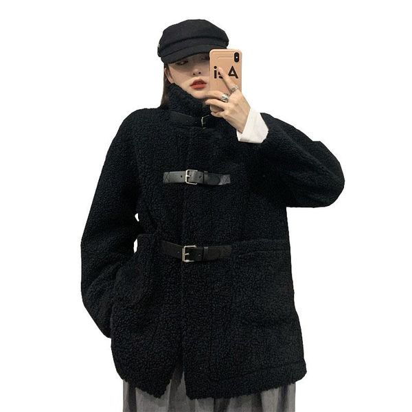 

women's fur & faux high-quality imitation lamb velvet coat women 2021 fashion autumn one loose thick cotton-padded winter jacket ok989, Black