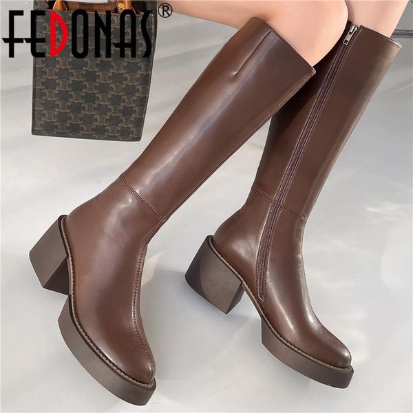 

boots fedonas classic splicing women knee high fashion concise platforms square heeled party casual autumn winter shoes woman, Black