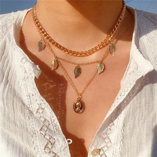 

chains european and american street s punk style leaf tassel necklace retro geometric portrait multilayer chain set jewelry, Silver
