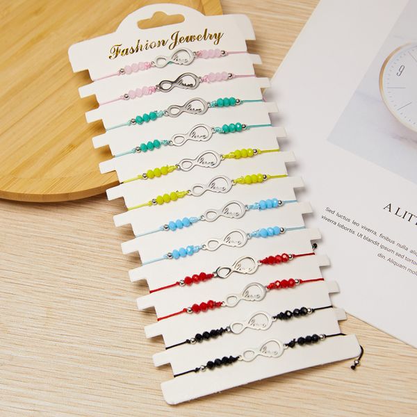 

12pcs/card rainbow color crystal beads infinity love charm bracelet adjustable good lucky bracelets jewelry, Golden;silver