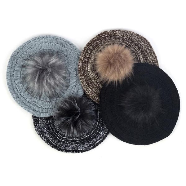 

berets women knitted winter warm with faux fur pom color mixing retro hats thicken fashion female ladies hairball caps, Blue;gray