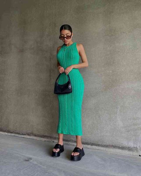 

green sleeveless fashion dresses women knitted ankle-length o-neck skinny summer dresses women slim midi dress, Black;gray
