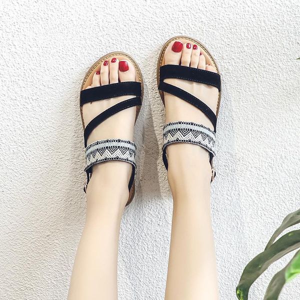 

bohemian sandals woman flock shoes summer slingbacks sandalias antiskid slippers beach shoes lattices gladiator sandals women, Black