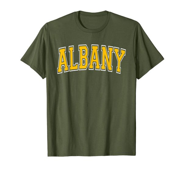 

Albany T Shirt - Varsity Style Amber Text, Mainly pictures