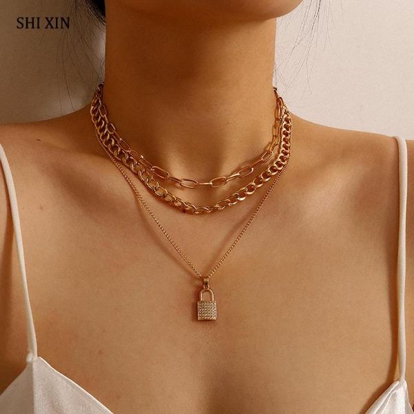 

pendant necklaces shixin hip hop crystal lock necklace for women punk rhinestone padlock chunky multi layer chain female, Silver