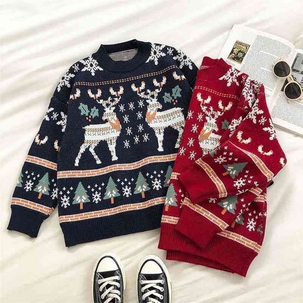 

women christmas elk sweater autumn winter loose vintage oversized pullover woman kawaii cartoon korean knitted sweaters 210602, White;black