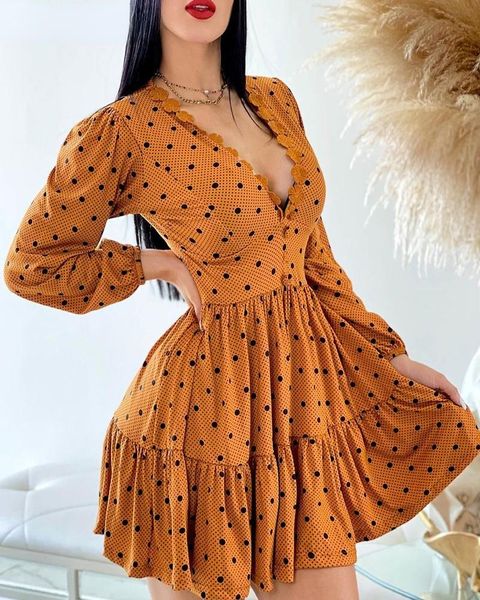 

casual dresses women's 2021 sleeve diving polka dot ruffled hem dress, Black;gray