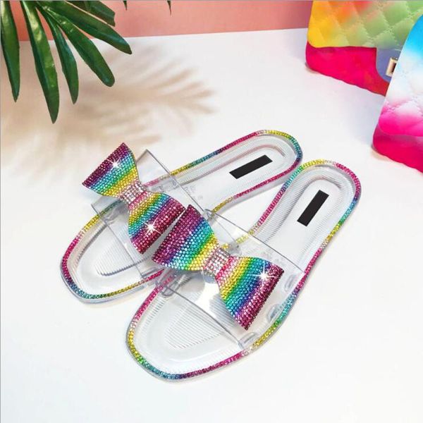 

slippers 2021summer fashion bow crystal women sandals bling rhinestone colorful ladies casual transparent soft bottom slides, Black