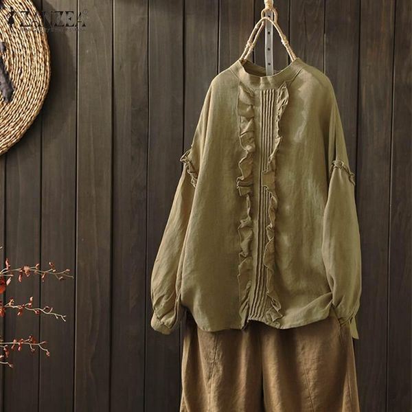 

women's blouses & shirts elegant ruffle womens spring blouse zanzea 2021 casual pleated cotton blusas female long sleeve flounce tunic, White