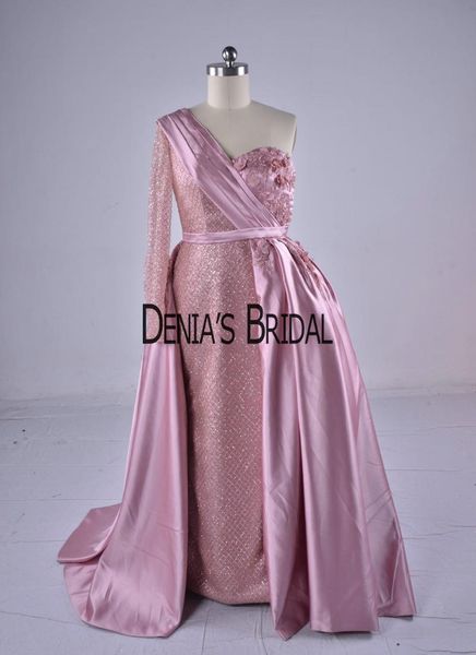 

party dresses 2021 vestidos blush pink one shoulder long sleeved evening beaded appliqued glitter fabric with sweep train prom gowns, White;black