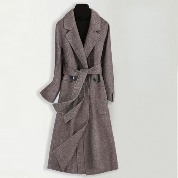 

women's wool & blends 2021 women autumn winter long turn down collar jackets female solid woolen coats with belt ladies warm loose outw, Black
