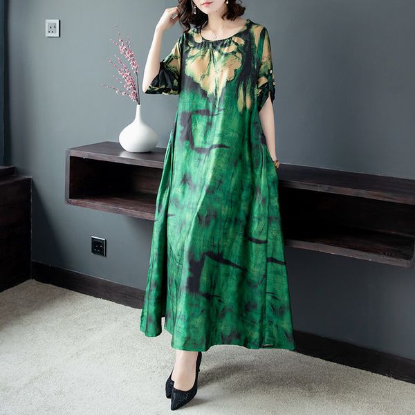 

new large 2021 size national wind summer women's retro loose printing big swing round neck short sleeve dress g85o, Black;gray