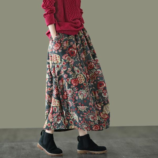 

skirts warm cotton linen thick winter women vintage floral bud skirt, Black