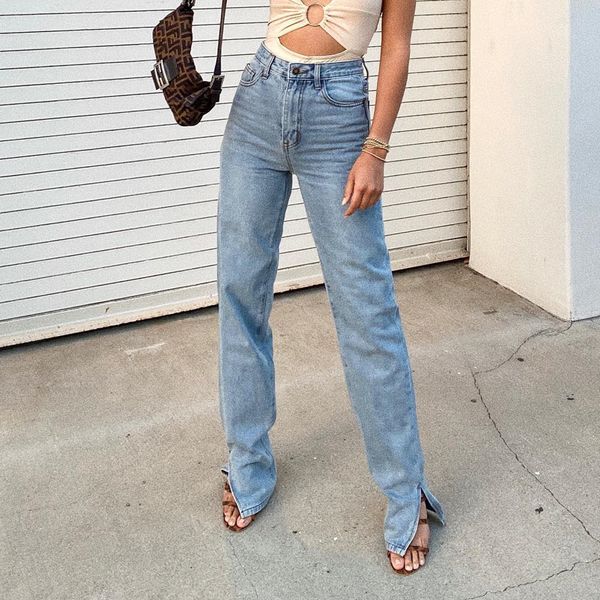 

jeans for straight women high waist classic retro boyfriend pants blue loose splits at ankles mom denim long luan