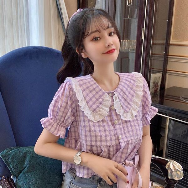 

summer plaid chiffon bouse women elegant patchwork kawaii female casual japanese style sweet korean blouse women 2020 new, White;black