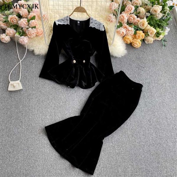 Outono 2 pcs terno preto veludo dois pedaço set mulheres vintage v-garganta lace colheita tops + cintura alta saia bodycon festa vestido terno 211101