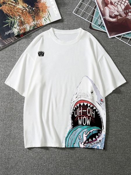 

men letter & shark print tee s1oi#, White;black