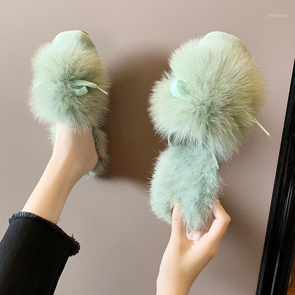 

nice autumn women big fur flip flops flat heels daily lovely comfortable shoes woman cute female pretty outside slippers1, Black