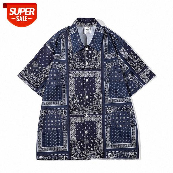 

japanese retro cashew flower full print short-sleeved shirt male street loose hip-hop couple casual jacket #vc6c, White;black