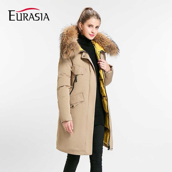 

eurasia new full solid 2021 women's mid-long winter jacket stand collar hood design oversize real fur thick coat parka y170027 y190828, Black