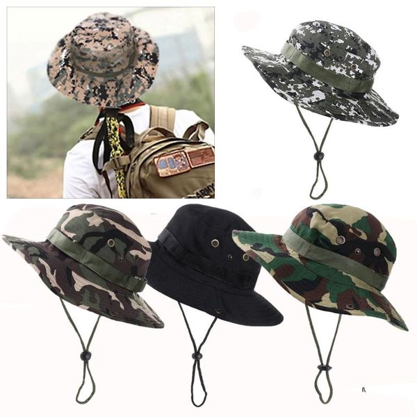 

1pc sun hat camouflage camping hiking bucket flap cap breathable nepalese outdoor fishing cycling wide brim hat 16 colors, Black