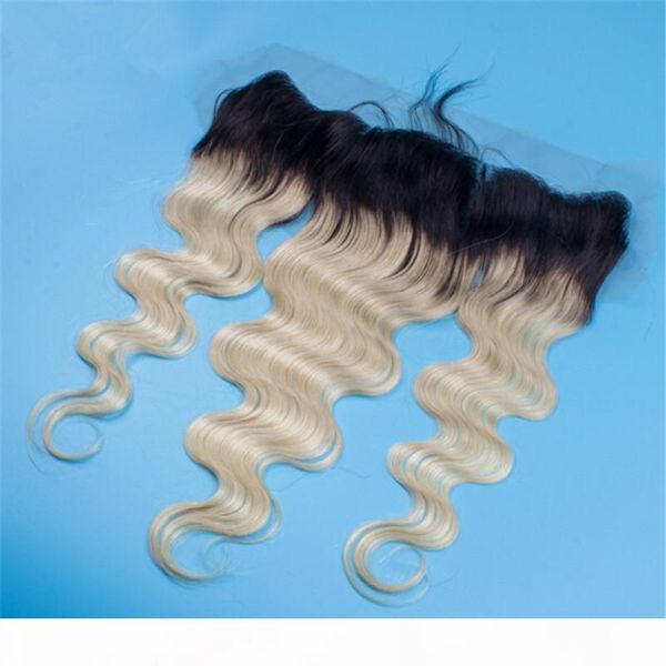 

malaysian two tone color #1b blonde lace frontal closure body wave human hair pieces ombre 13x4 ear to ear lace frontal bleached knots, Black;brown