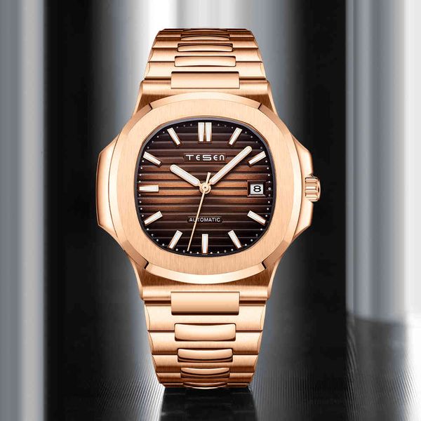 

tesen automatic mechanical clocks men luxury brand stainless steel lighting seamless 50m watches nautilus, Slivery;brown