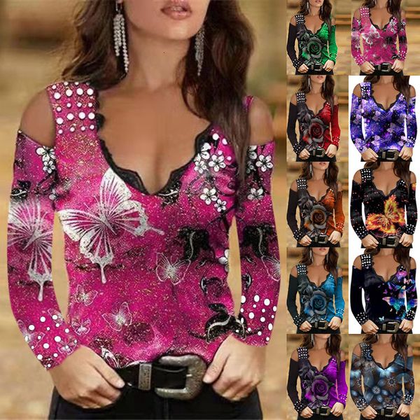 

2021 women's off shoulder v-neck long sleeve rose butterfly print t-shirt, White