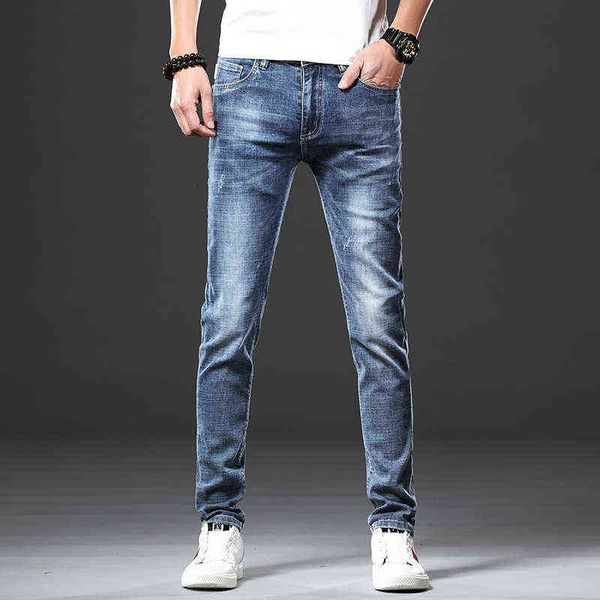 

men's jeans 2021 elastic jeans korean version trend slim fit men's youth four seasons casual pants, Blue