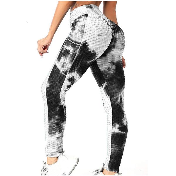 

tie-dye pocket breathing hip lifting practice bubble broek elastic waist leggins for women's leggings mujer, Black