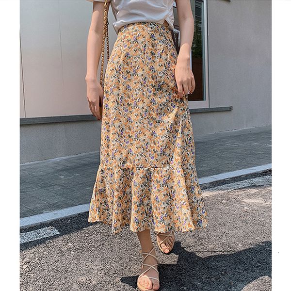 

2021 new purple floral fishtail chiffon women's spring long high waist a-line drape over knee skirt ngg5, Black
