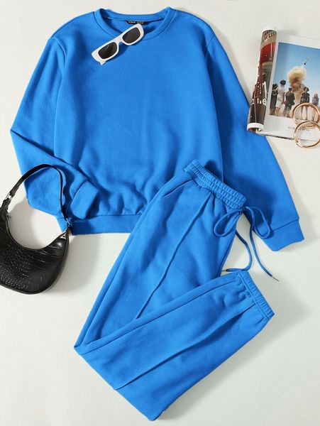 

solid pullover & seam front sweatpants set t8on#, White
