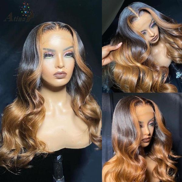 

body wave remy pre plucked real human hair wigs ombre honey blonde color hd transparent lace frontal wig for black women closure, Black;brown